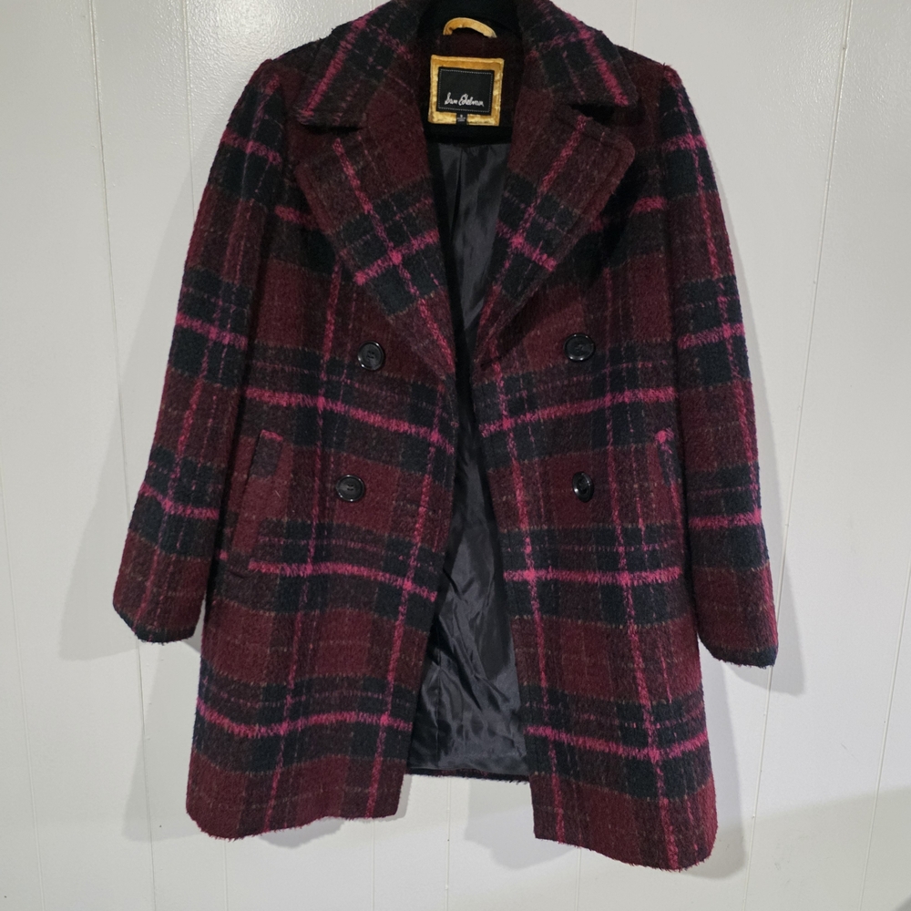 Sam Edelman Plaid Double-Breasted A-Line Coat in the "Curly Pink Plaid" colorway